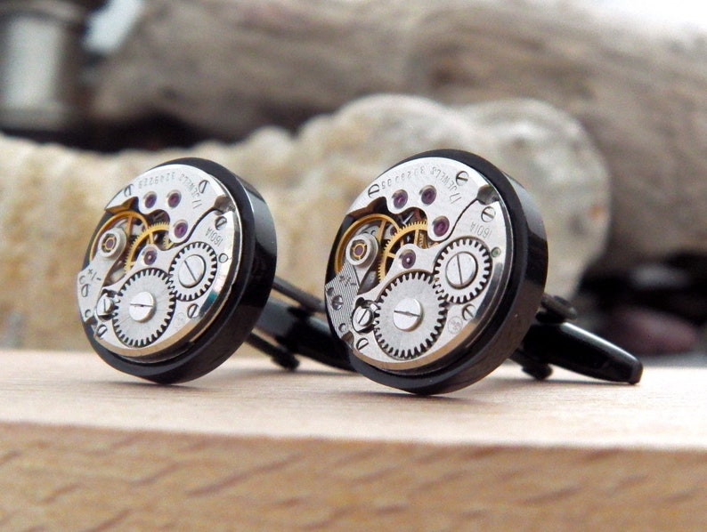 Watch Cufflinks Black Clockwork Steampunk Cuff Links. Gifts for Men. image 2