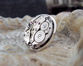 Men's Lapel Pin Badge, With Vintage Watch Mechanics. Silver Colour Watch Movement & Silver Plated Backing.