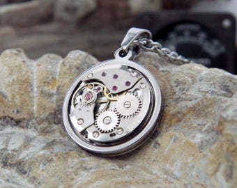 Steampunk Necklace - Vintage Watch Mechanism Pendant and Stainless Steel Chain. Upcycled Jewellery