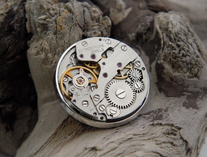 Steampunk Lapel Pin Badge, With Watch Mechanics. Vintage Watch Movement & Silver Plated Backing. image 3