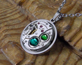 Steampunk Necklace - Vintage Watch Mechanism Pendant with Emerald & Green Swarovski Crystals and Stainless Steel Chain. Unusual Gift.