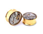 Gold & Silver Steampunk Vintage Watch Movement Ear Plugs / Tunnels - Gears In Your Ears. 22mm / 7/8 inch gauge. Pair. Pre-Order