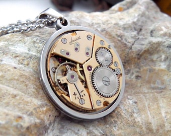 Vintage Accurist Watch Movement Pendant Necklace - Swiss Watch Mechanism Pendant & Stainless Steel Chain Necklace. Steampunk Medallion