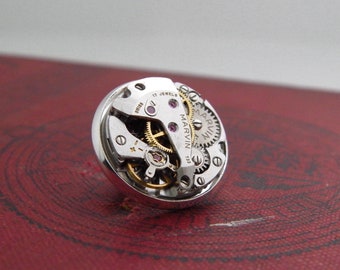 Mechanical Watch Lapel Pin, Gift for Watch Enthusiast, with Vintage Marvin Watch Movement. Gift for Men.