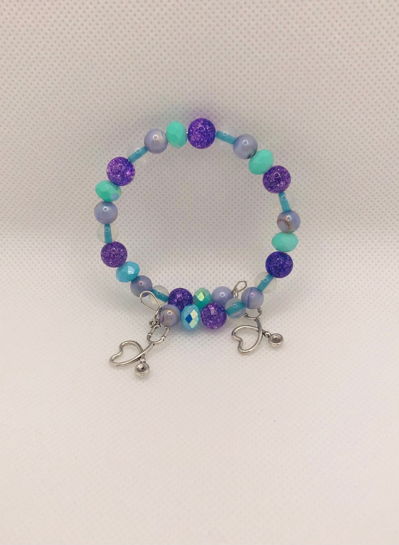 Purple Glass Beads Aqua Beads Silver Charms Bracelet Stethoscope Charms Clear Beads Memory Wire Bracelet Jump Rings Purple Beads