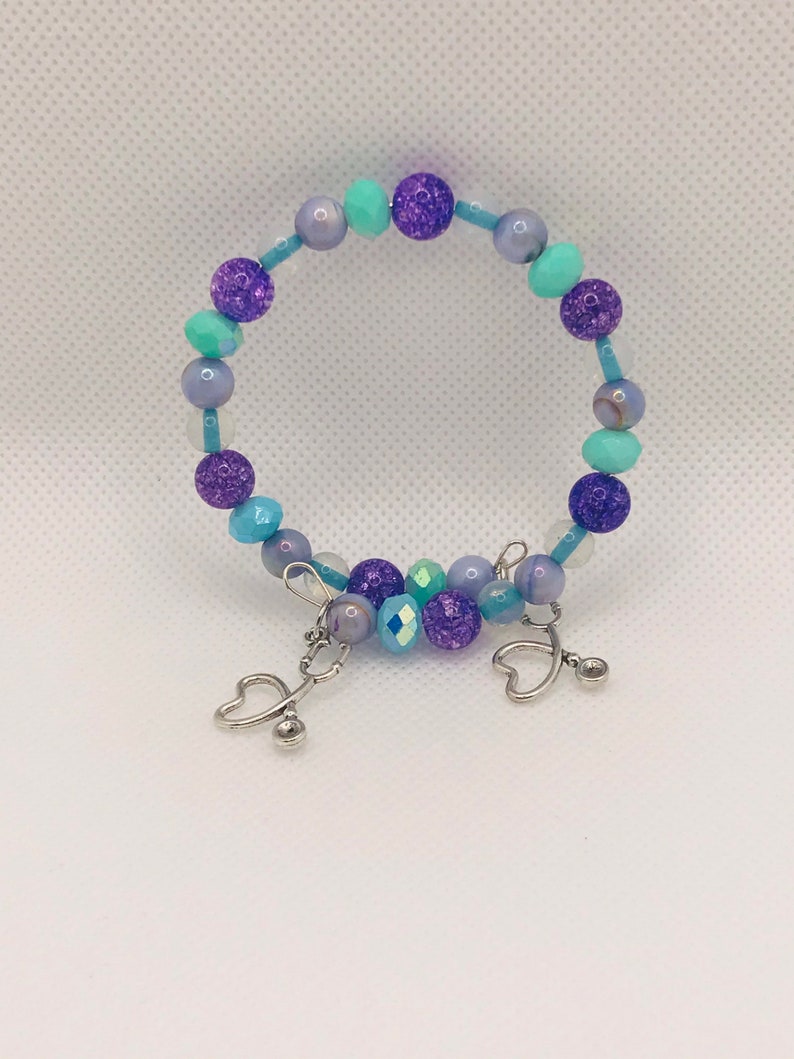 Purple Glass Beads Aqua Beads Silver Charms Bracelet Stethoscope Charms Clear Beads Memory Wire Bracelet Jump Rings Purple Beads