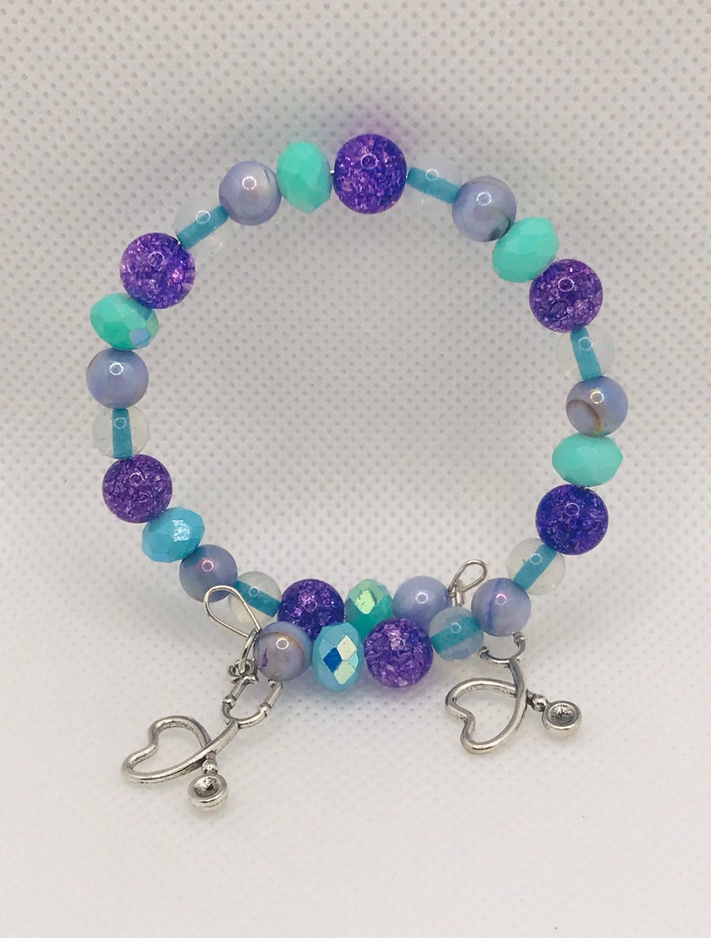 Purple Glass Beads Aqua Beads Silver Charms Bracelet Stethoscope Charms Clear Beads Memory Wire Bracelet Jump Rings Purple Beads