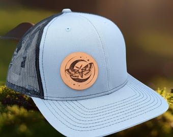 Luna Moth Leather Patch Trucker Hat: Nature Inspired Snapback