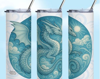 Blue Dragon Tumbler 20 oz, Whimsical Fantasy Book Club Mug -Travel Work Accessories