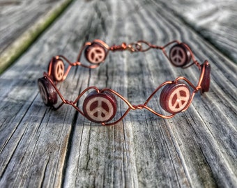 Copper Wire Wrapped Peace Sign Bracelet