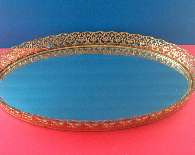 Large Vintage Oval Mirror Tray 1960's Gold Filigree Vanity Etsy