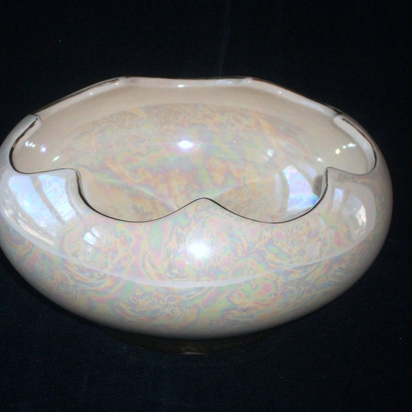 Pioneer Pottery Iridescent Bowl 1950's Ceramic Opalescent Bowl 22K Gold White Pearlized USA Lusterware