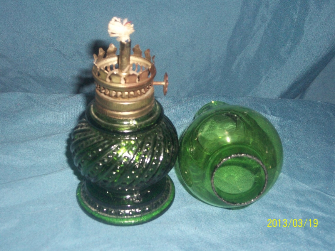 Vintage Green Glass Oil Lamp Miniature Etsy