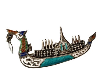 Enamel and Sterling Siam Dragon Boat Brooch