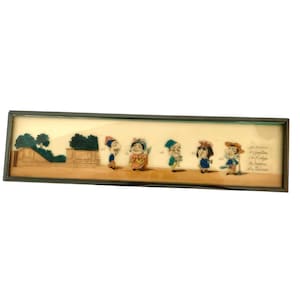 May include: A framed illustration of a group of six cartoon characters in a procession. The characters are dressed in colorful clothing and are walking in a line. The illustration is set against a background of a garden with trees and a path. The text below the illustration reads "Le Docteur, La Comtesse, Le Capitaine, La Marquise, Le Seigneur, Le Chevalier."