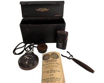 1920's Gem Ear Phone Hearing Aid Set: Antique Medical Device with Case & Booklet