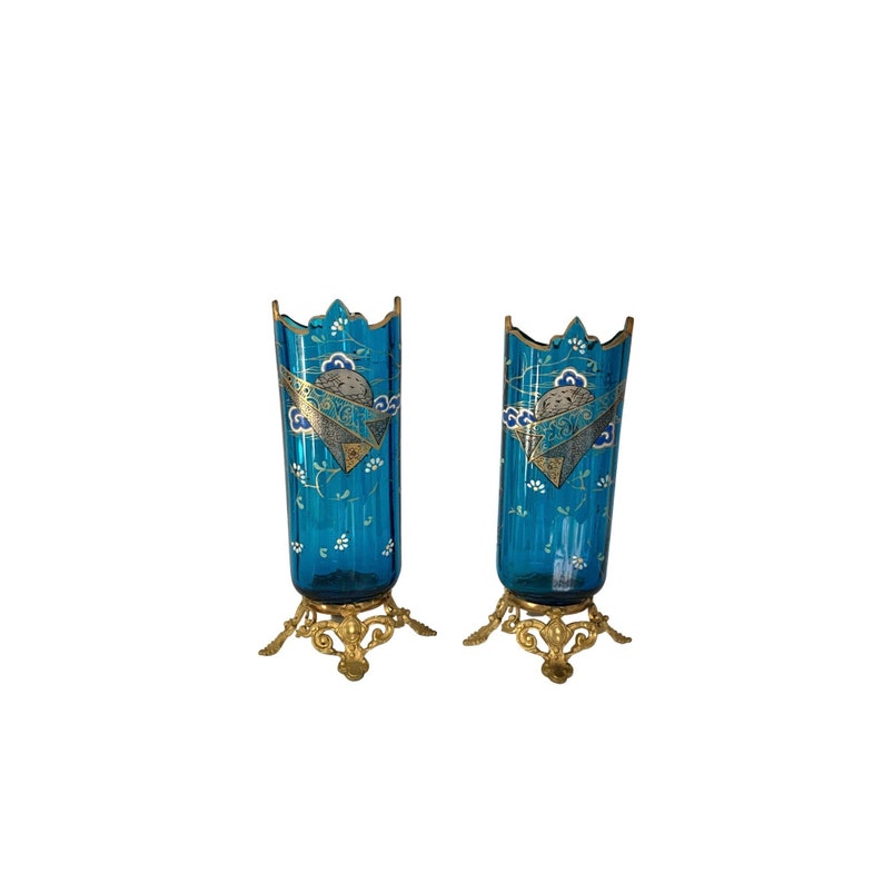 Antique Enameled Glass Vase with Bronze Ormolu Mounts A Pair image 1