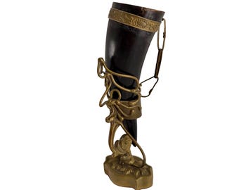 Vintage Paraguay Guampa Horn Cup with Brass Stand & 1944 Coin