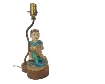 Vintage Asian Ceramic Lamp With Boy and Snake