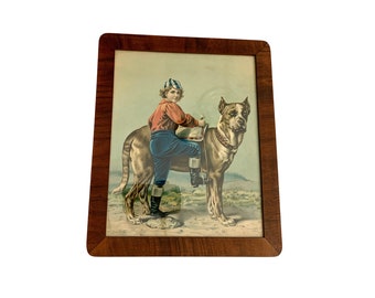 A Boy and His Dog Antique Framed Lithograph