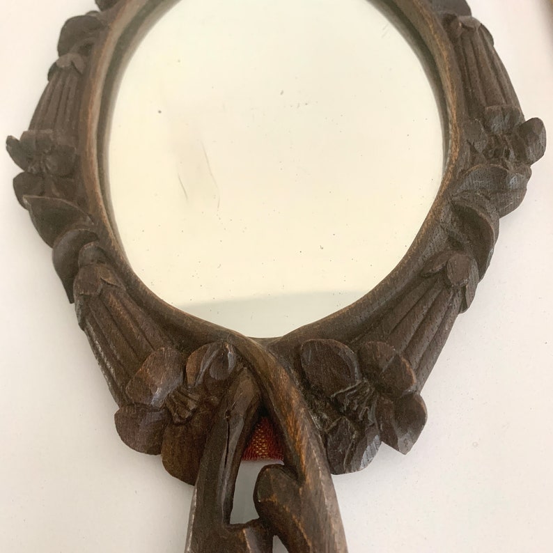 Antique Hand Carved Wooden Hand Mirror With Bird image 3