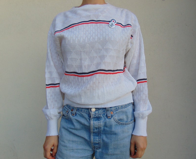Stripe Sweater Knit Jumper Retro Jumper Red White Blue Sweater Vintage Jumper Mod Jumper White with Red and Blue Stripe UK Small