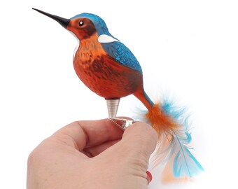 Czech large hand blown glass kingfisher bird clip on Christmas tree ornament decoration