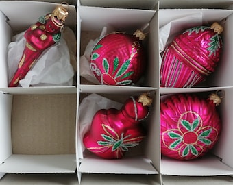 Set 5 blown glass Christmas tree ornaments Art nouveau inspired