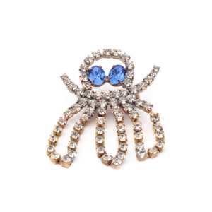 Czech handmade glass rhinestone octopus pin brooch blue clear