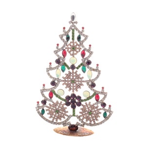 Handmade Czech glass rhinestone cabochon Christmas tree free standing mantle ornament crystal red yellow