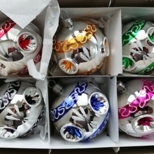 Set 6 Czech blown glass four indent reflector Christmas tree ornaments
