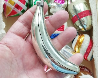 Vintage blown mercury glass banana Christmas ornament Czech