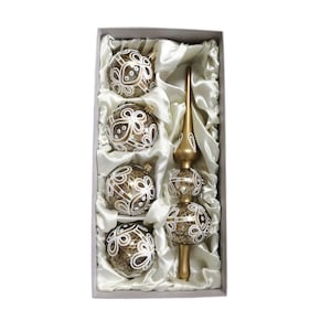 Set 5 large blown glass Christmas ornaments tree topper gold clear