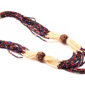 Vintage 15 strand necklace red blue metallic pearl seed Czech glass beads