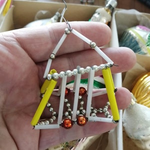 Vintage Czech blown mercury bugle glass bead basket Christmas ornament Gablonz