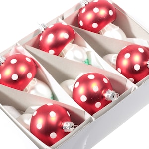 6 Czech blown glass mushroom Christmas tree decorations ornaments