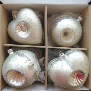 Set 4 Czech blown glass reflector indent ball heart Christmas tree ornaments decorations