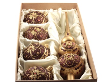 Set 5 Czech blown glass Christmas tree ornaments and topper gold XL