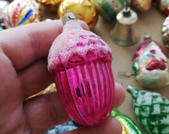Vintage Czech silver mercury glass pink acorn Christmas ornament