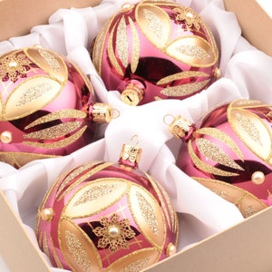 4 large Czech blown glass gold and red Christmas tree ornaments with hand decoration