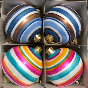 4 Czech blown glass rainbow stripe Christmas tree ornaments