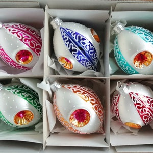Set 6 blown mercury glass indent reflector oval Christmas tree ornaments handmade in Czech
