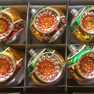 Lot (6) Czech blown glass vintage mercury style reflector Christmas tree traditional ornaments 7cm
