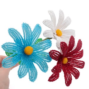 3 Handmade French seed glass bead daisy flower stems red white blue