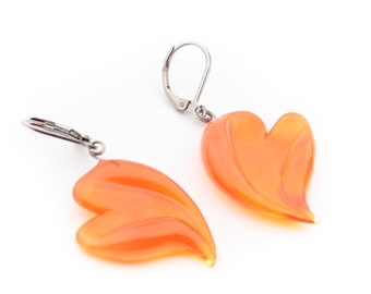 Pair lampwork glass bead orange heart earrings