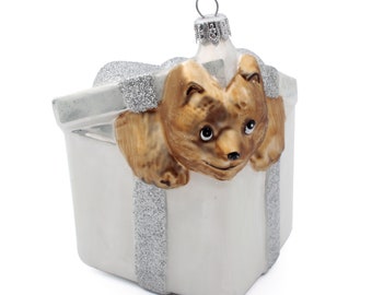 Large glass dog in present box Christmas tree ornament