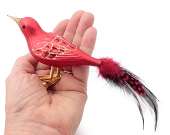 1 blown glass bird Christmas tree ornament red feather tail handmade in Czech