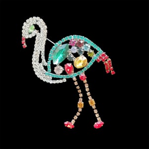 Large handmade vintage Czech glass rhinestone flamingo pin brooch