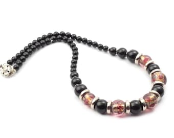Vintage Czech necklace black round rainbow foil lined lampwork glass beads