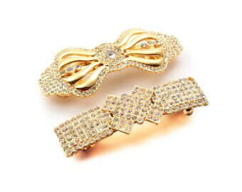 2 gold Deco style hair barette clips Czech glass rhinestones